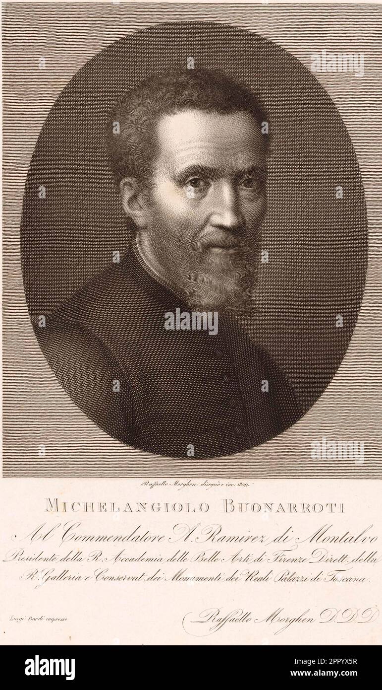 Portrait of Michelangelo Buonarroti by Raffaello Morghen, 1829 Stock Photo