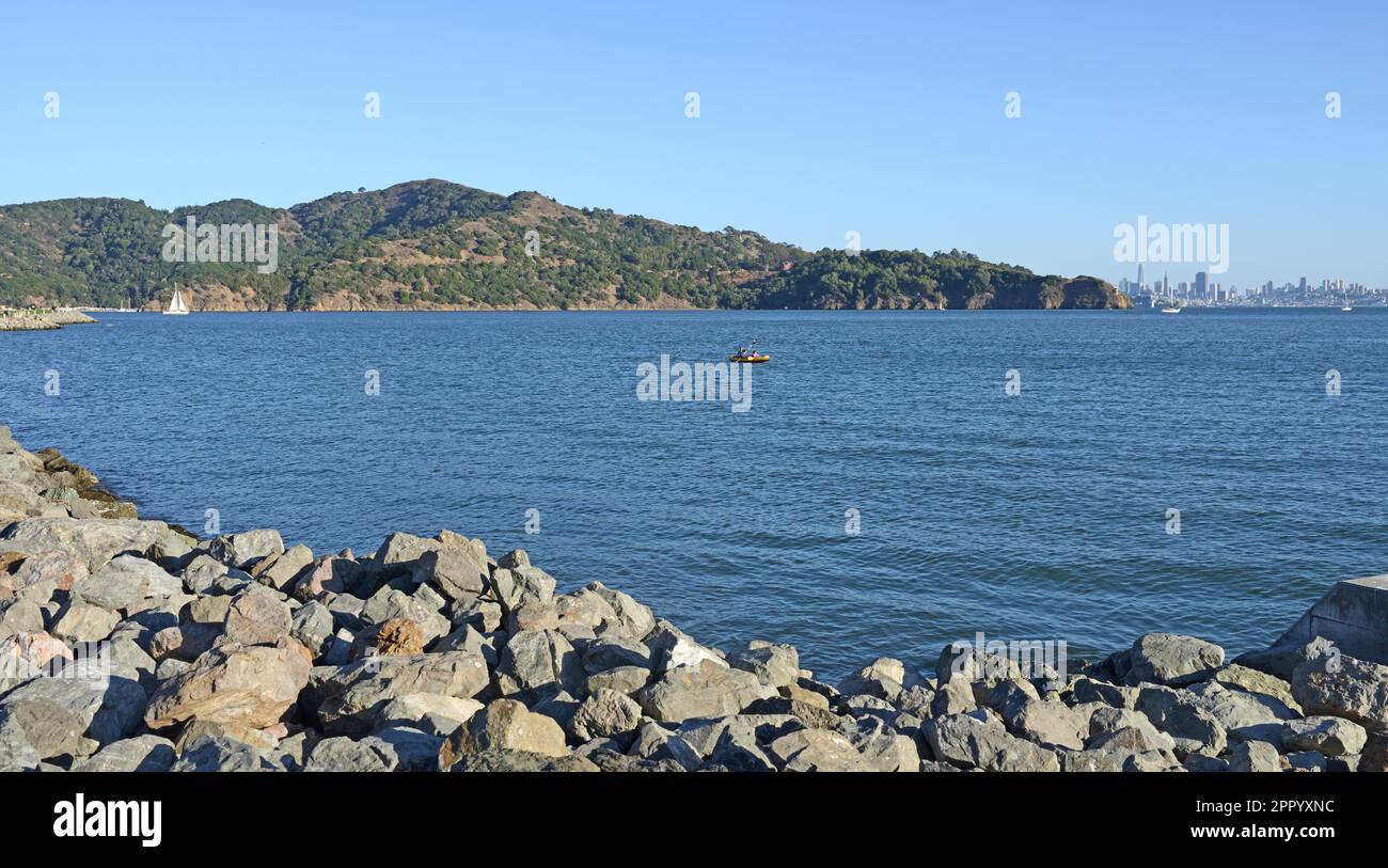 Coastline of Tiburon city against background of San Francisco. California, United States Stock Photo