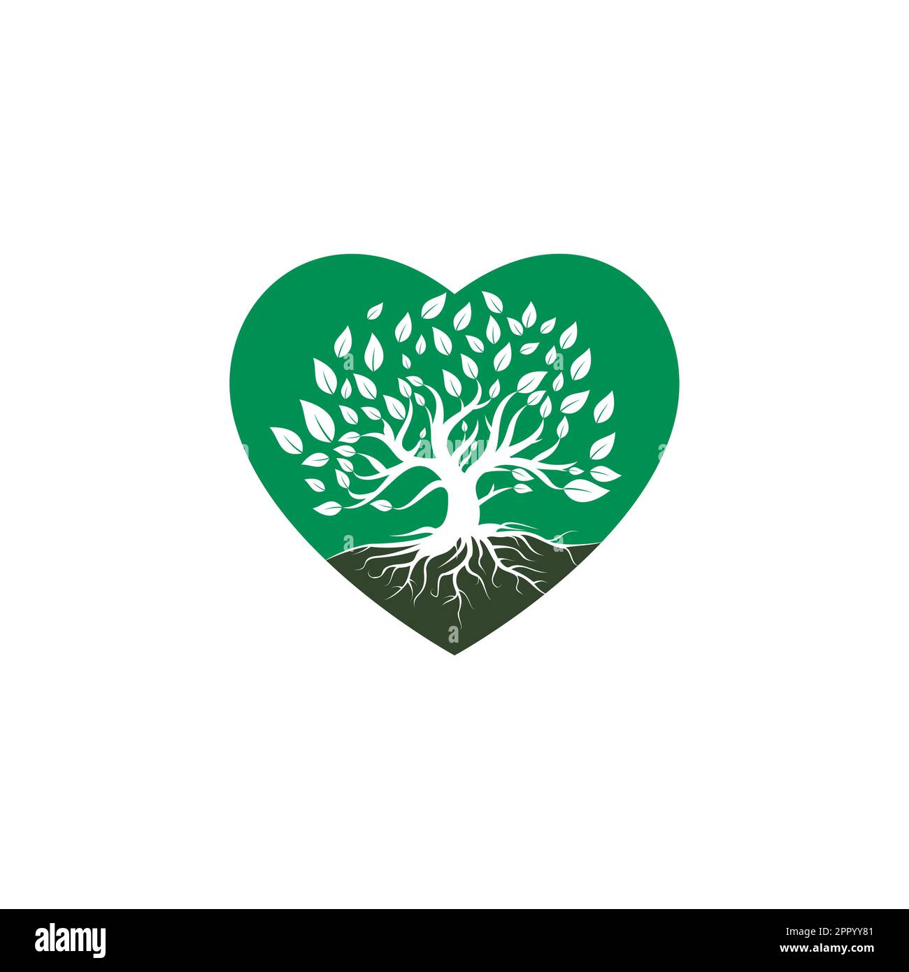 Tree roots heart shape vector logo design. Tree roots nature love