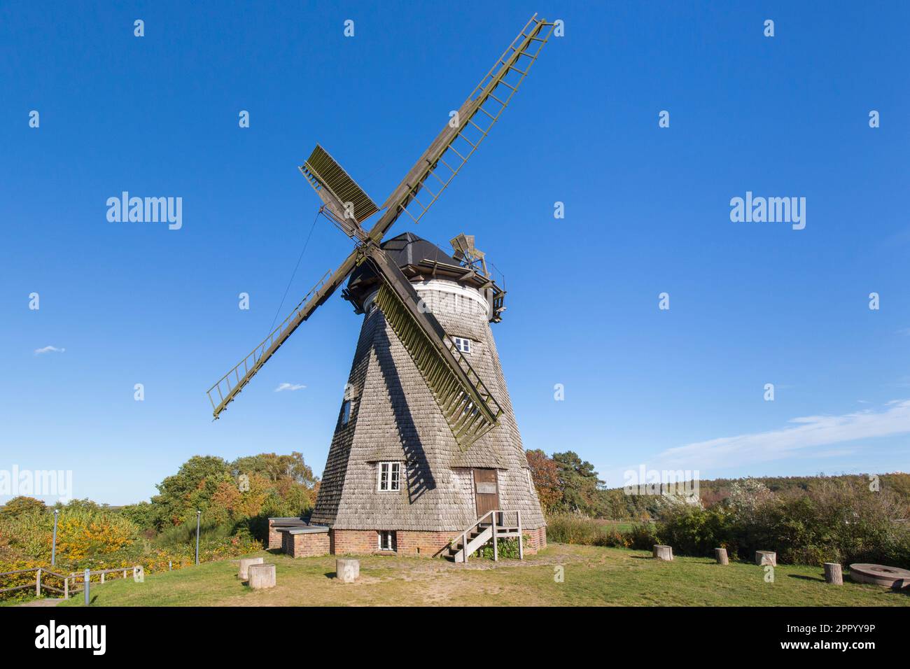 Ground smock mill, Dutch type of windmill at Benz, municipality on the island Usedom, Vorpommern-Greifswald district, Mecklenburg-Vorpommern, Germany Stock Photo