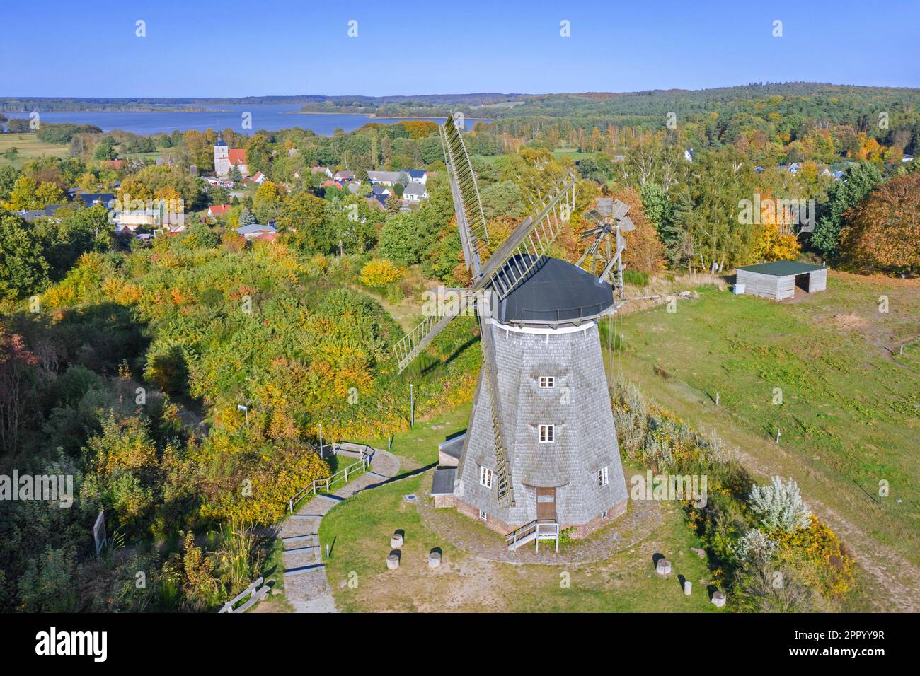 Ground smock mill, Dutch type of windmill at Benz, municipality on the island Usedom, Vorpommern-Greifswald district, Mecklenburg-Vorpommern, Germany Stock Photo