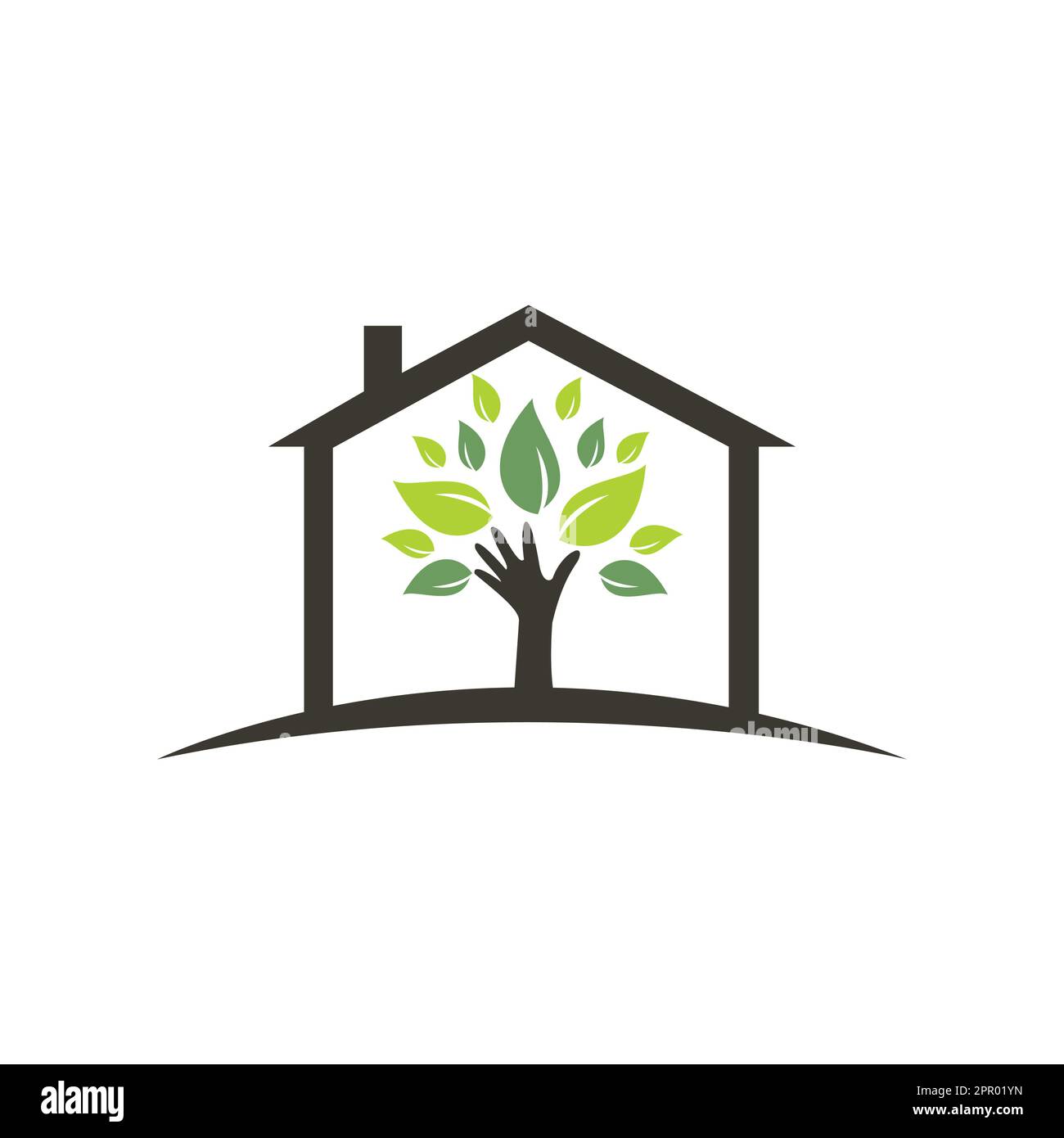 Creative green hand tree and house logo design. Natural home care logo. Spa logo. Beauty salon or yoga logo. Stock Vector