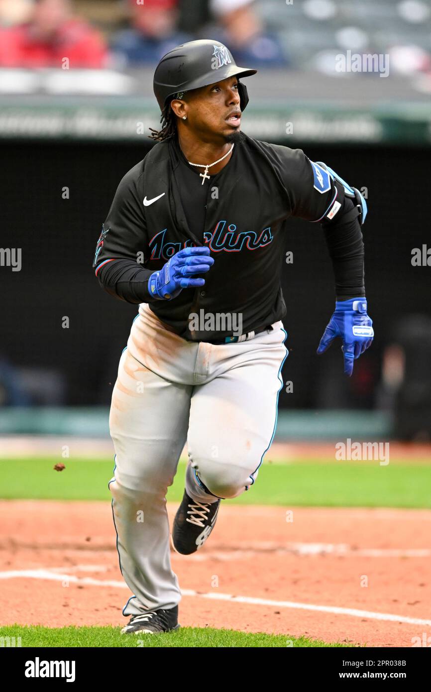 Miami Marlins' Jean Segura runs out a double during the sixth inning in the  first baseball game of a doubleheader against the Cleveland Guardians,  Saturday, April 22, 2023, in Cleveland. (AP Photo/Nick