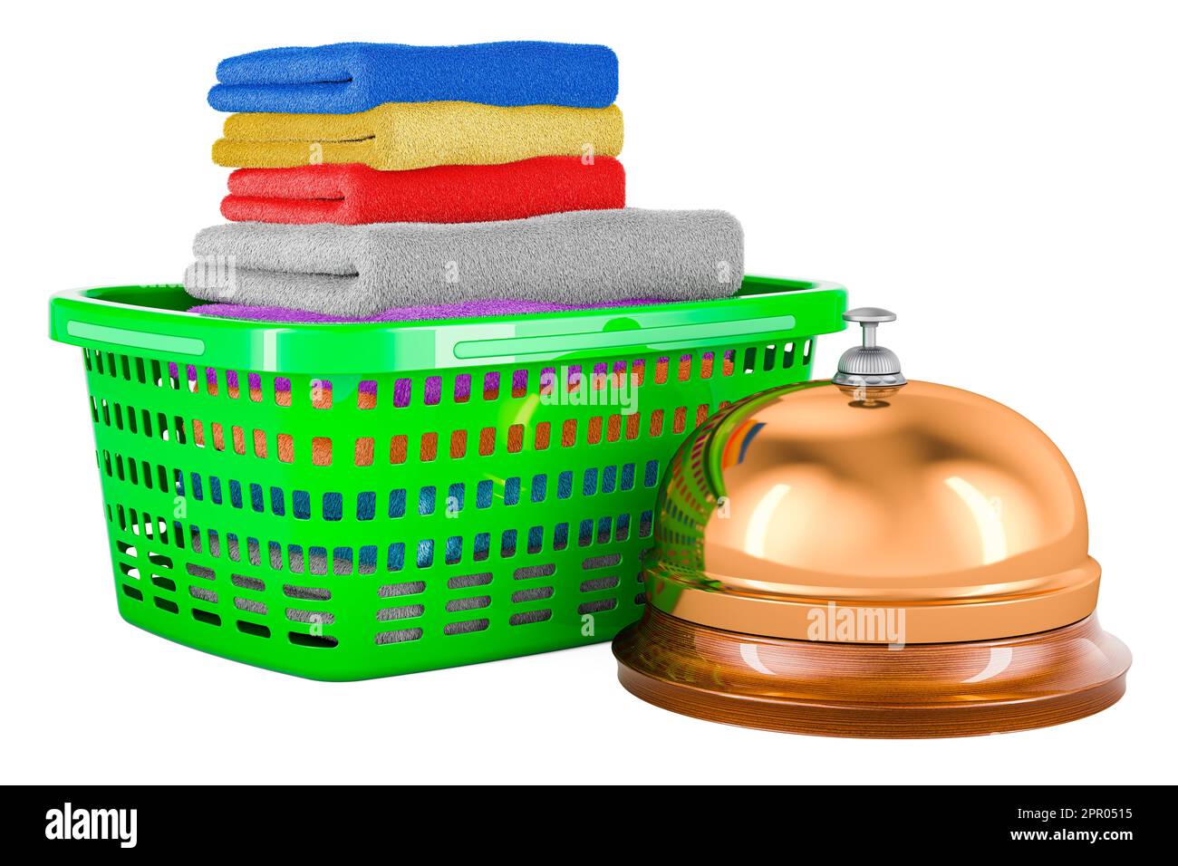 Laundry basket full of clean clothes with reception bell, 3D rendering