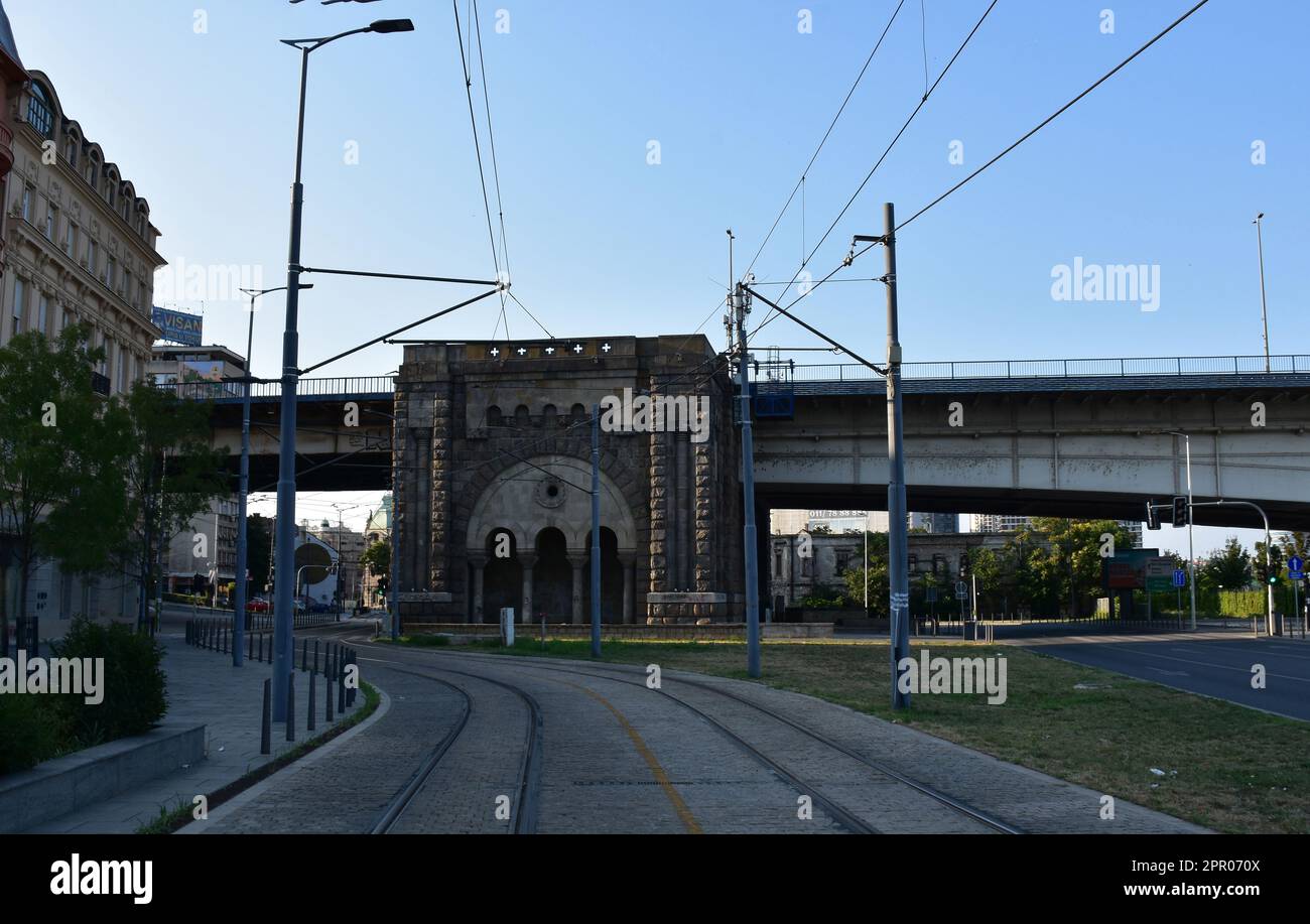 Belgrade's most famous bridge stretches on the strong pillars of the old suspension bridge Stock Photo