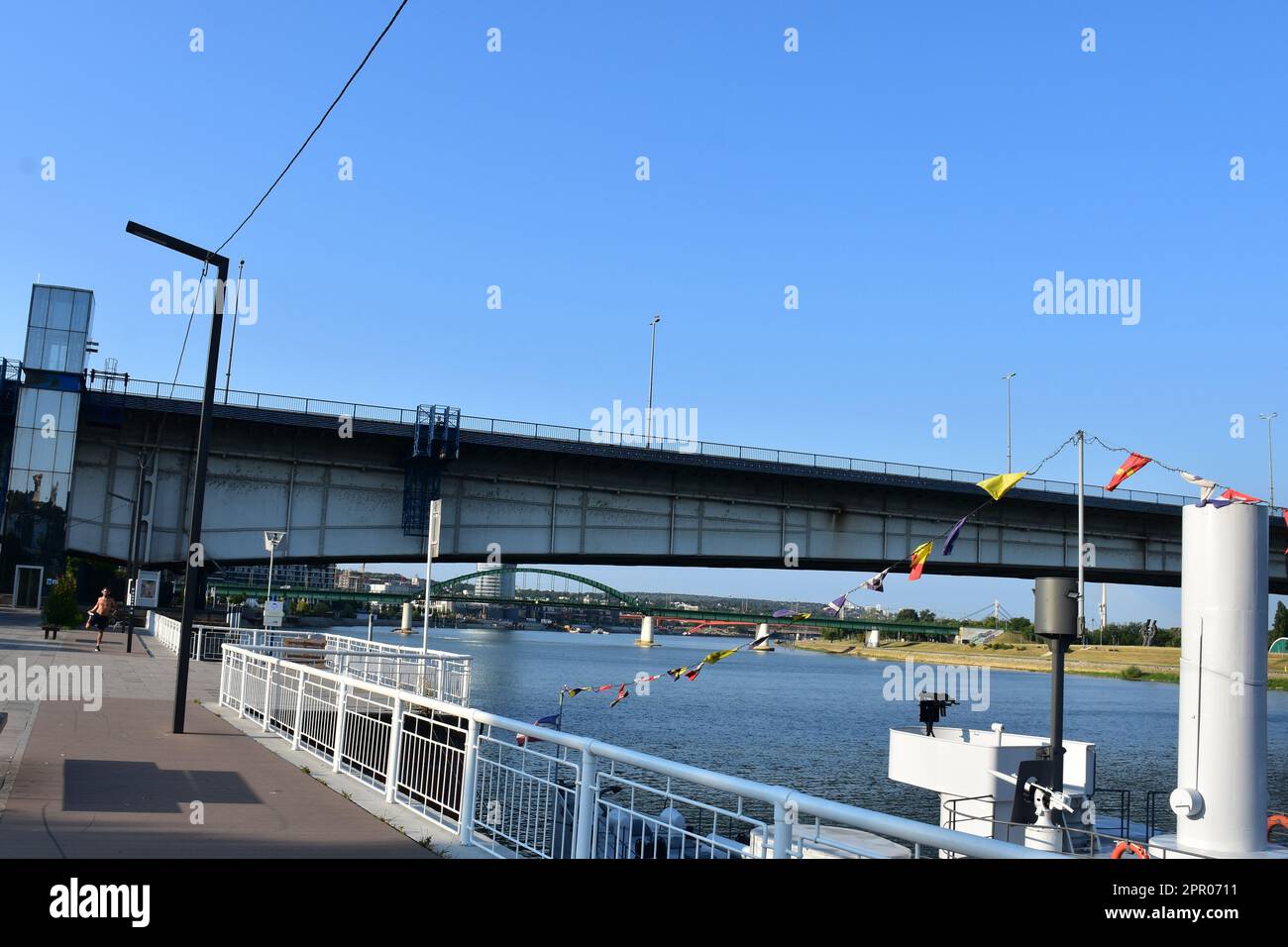 Brankov's Bridge and the old railway bridge in Belgrade. Bridges connect the shores of New Belgrade and the old part of the city of Belgrade Stock Photo