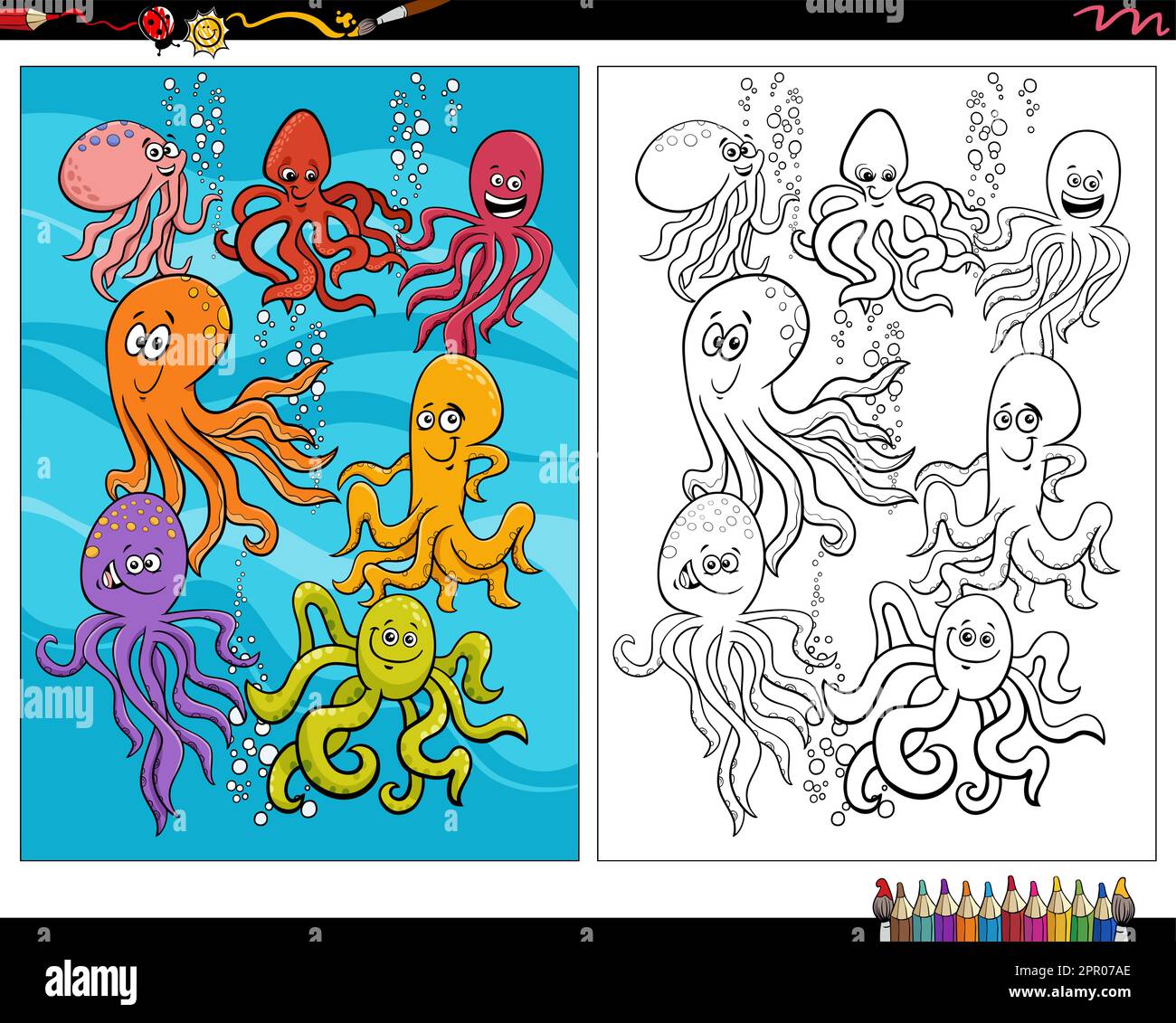 cartoon octopus animal characters coloring page Stock Vector Image ...