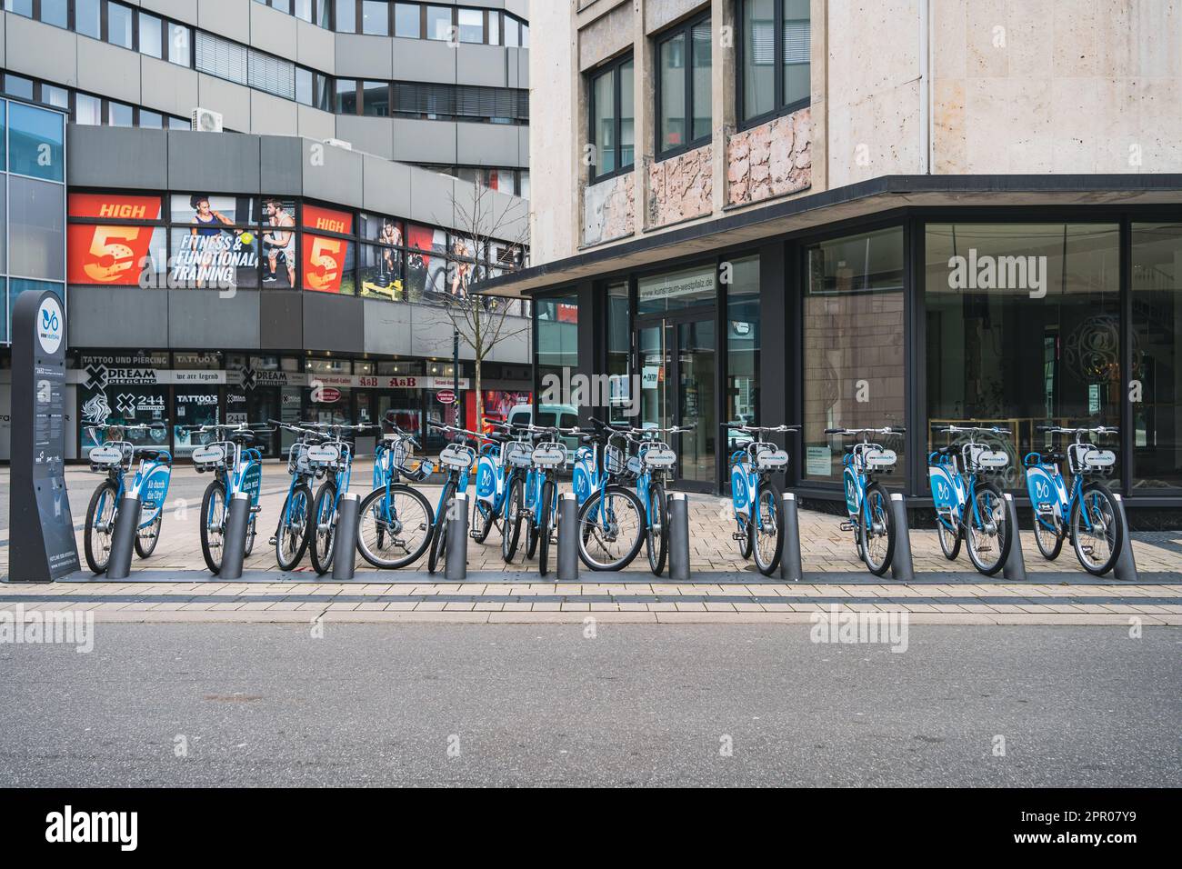 Front view at the "nextbike" bicycle rental station with 14 bikes