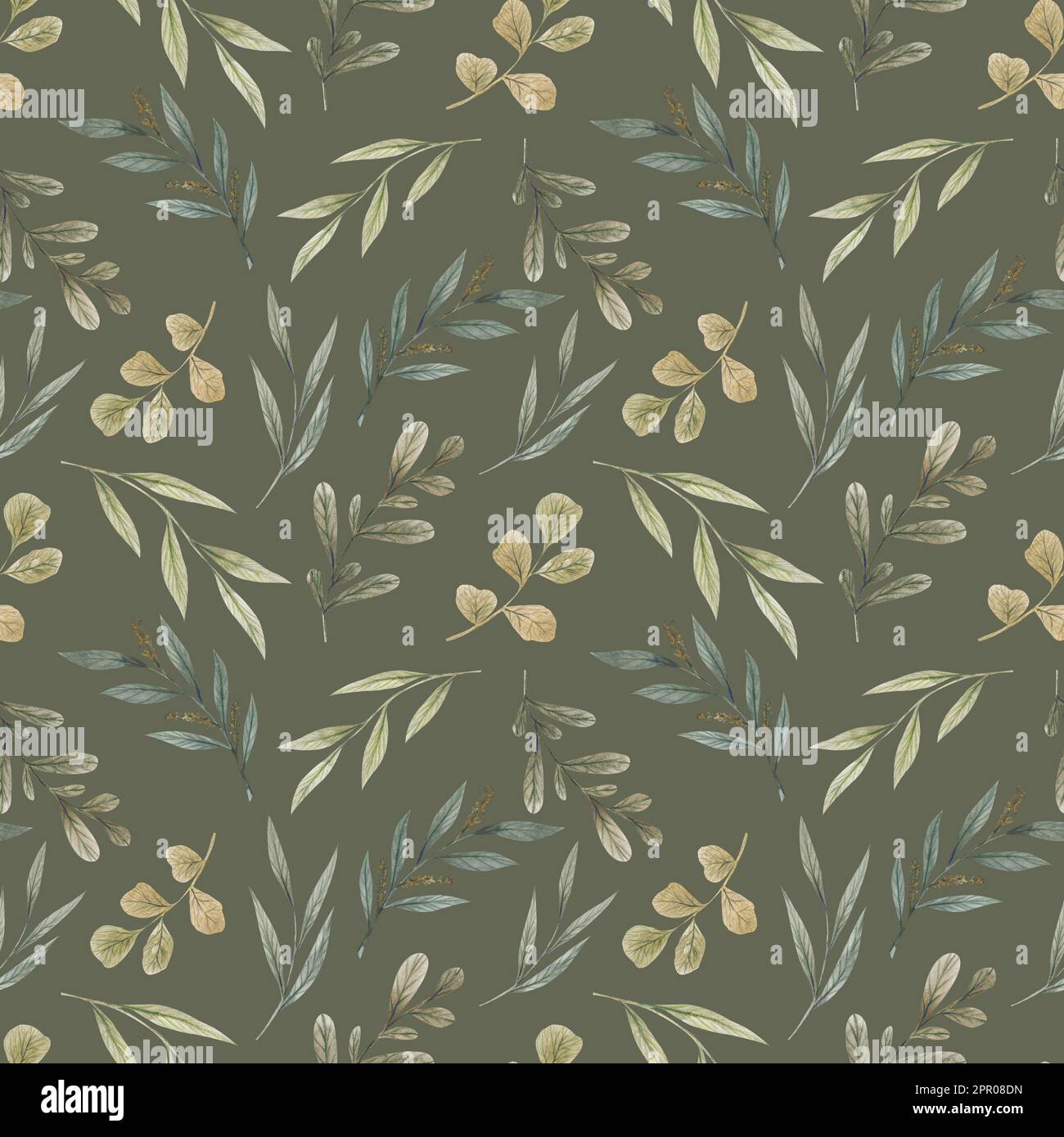 Seamless floral pattern with watercolor green branches with leaves ...