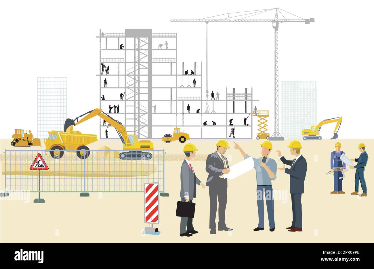 Construction site with architects, construction machines and heavy trucks, illustration Stock Vector