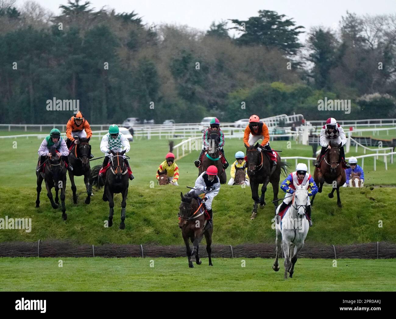 Runners and riders jump Ruby's Double in the Kildare Hunt Club Cross Country Chase for the Ladies Perpetual Cup during day one of the Punchestown Festival at Punchestown Racecourse in County Kildare, Ireland. Picture date: Tuesday April 25, 2023. Stock Photo