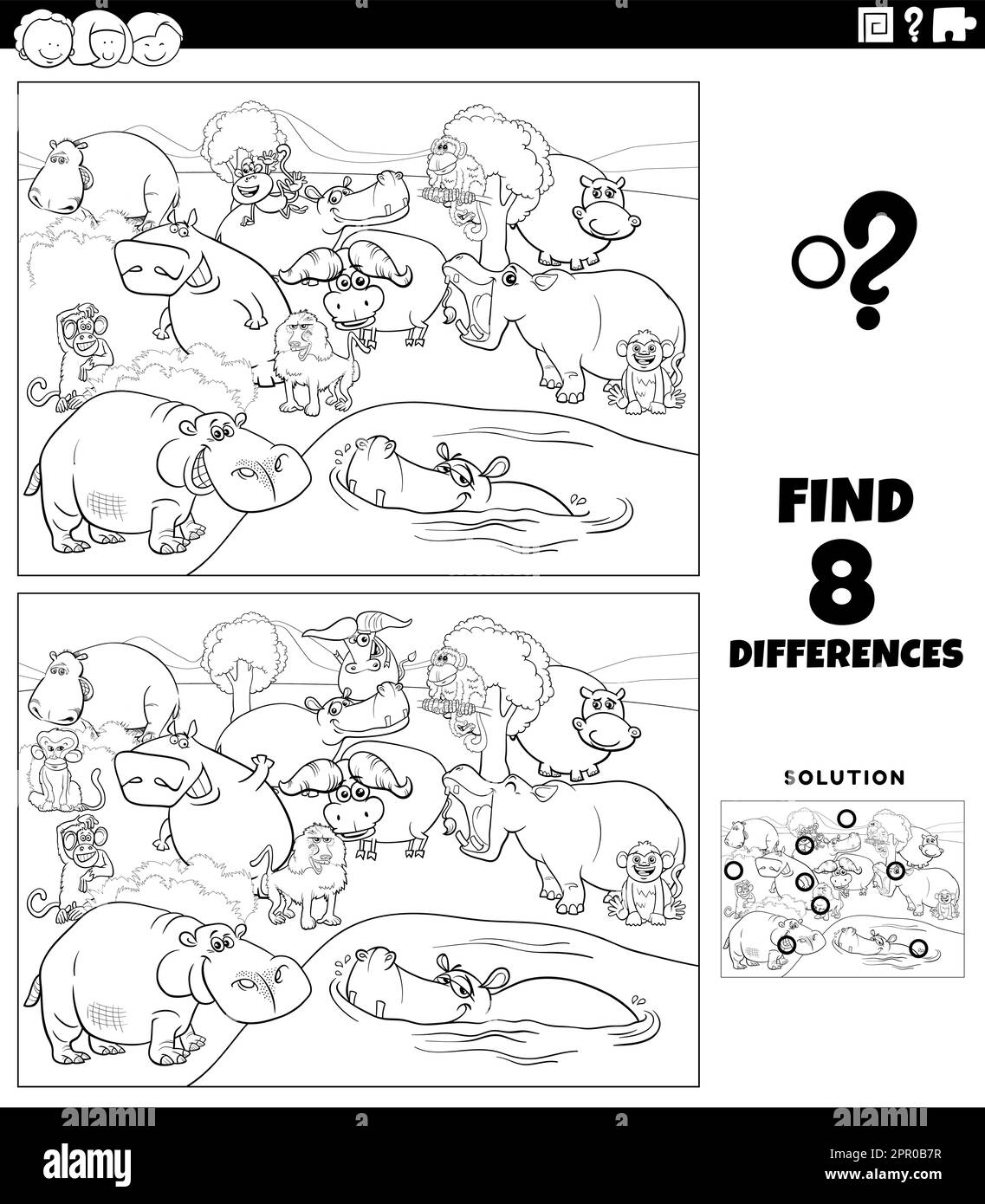 differences game with cartoon wild animals coloring book page Stock ...