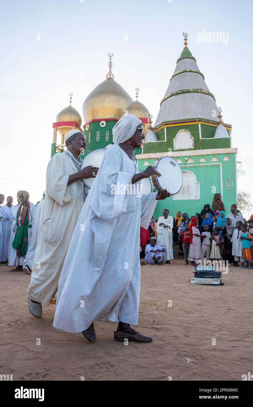 Drummers at a Dervish Ceremony, Hamed al-Nil Tomb, Omdurman, Khartoum, Sudan Stock Photo