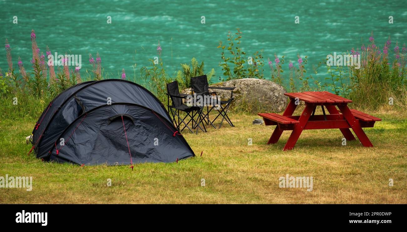 Scenic Glacial Lakeside Tent Camping Spot Stock Photo