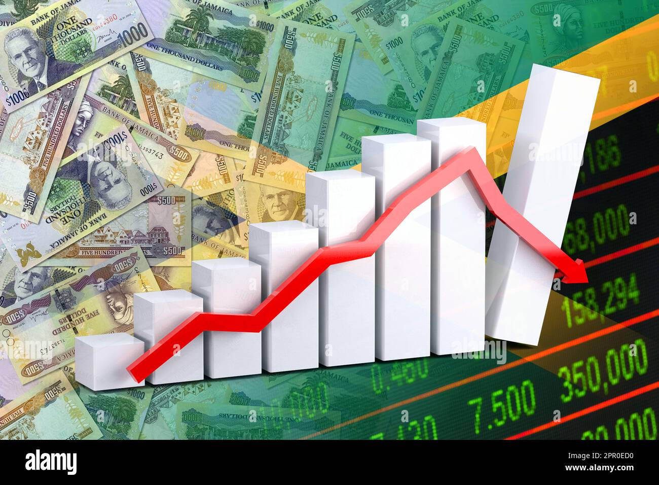 Economy graph down arrow, Jamaican dollar cash banknotes, Jamaican