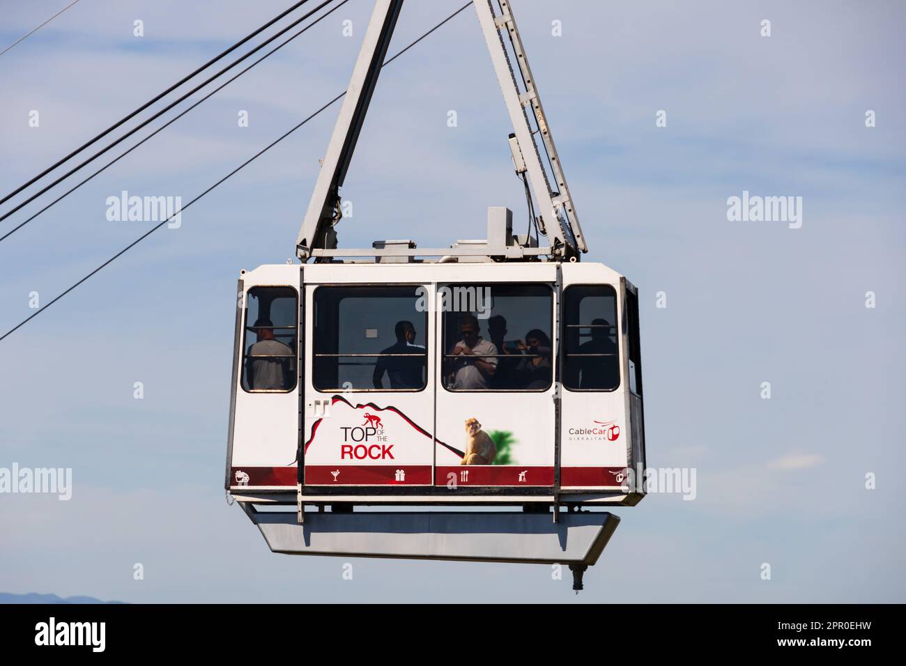 Full of tourists Cable car of the Top of the Rock Cablecar Gibraltar, Teleferico de Gibraltar. The British Overseas Territory of Gibraltar, the Rock o Stock Photo