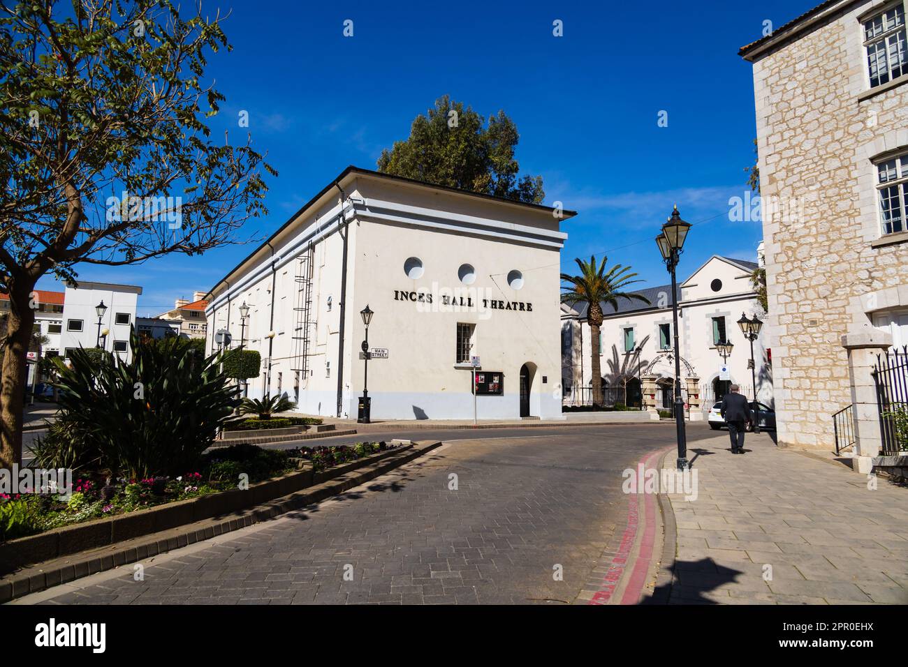 Inces Hall theatre on Main Street. Cultural venue. The British Overseas Territory of Gibraltar, the Rock of Gibraltar on the Iberian Peninsula. Stock Photo