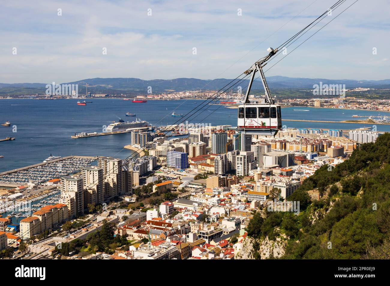 Cable car of the Top of the Rock Cablecar Gibraltar, Teleferico de Gibraltar. above the city. The British Overseas Territory of Gibraltar, the Rock of Stock Photo