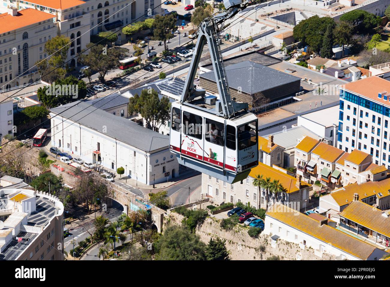 Cable car of the Top of the Rock Cablecar Gibraltar, Teleferico de Gibraltar. above the city. The British Overseas Territory of Gibraltar, the Rock of Stock Photo