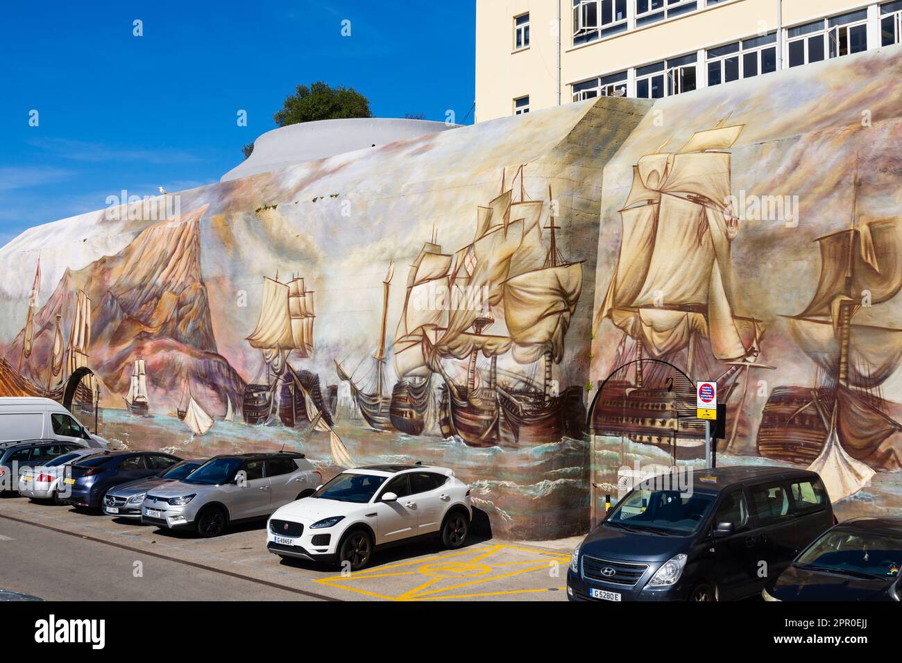 Commemorating the Battle of Trafalgar street art mural on the Hall of Fame, Ragged Staff Road. The British Overseas Territory of Gibraltar, the Rock o Stock Photo