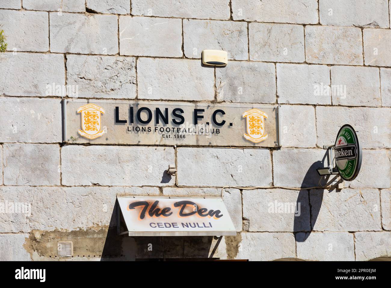 Lions FC ,the Den, clubhouse bar. Queensway, The British Overseas Territory of Gibraltar, the Rock of Gibraltar on the Iberian Peninsula. Stock Photo