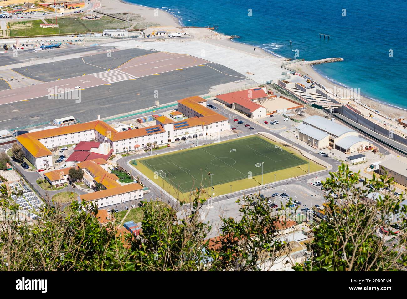 Devil's Tower Camp, barracks and HQ of the Royal Gibraltar Regiment. Situated beside the main runway. Seen from Upper Rock. The British Overseas Terri Stock Photo