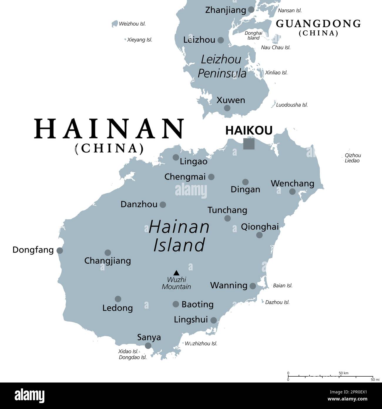 Hainan, the smallest and southernmost province of China, PRC, gray political map. Hainan Island with capital Haikou, and various smaller islands. Stock Photo
