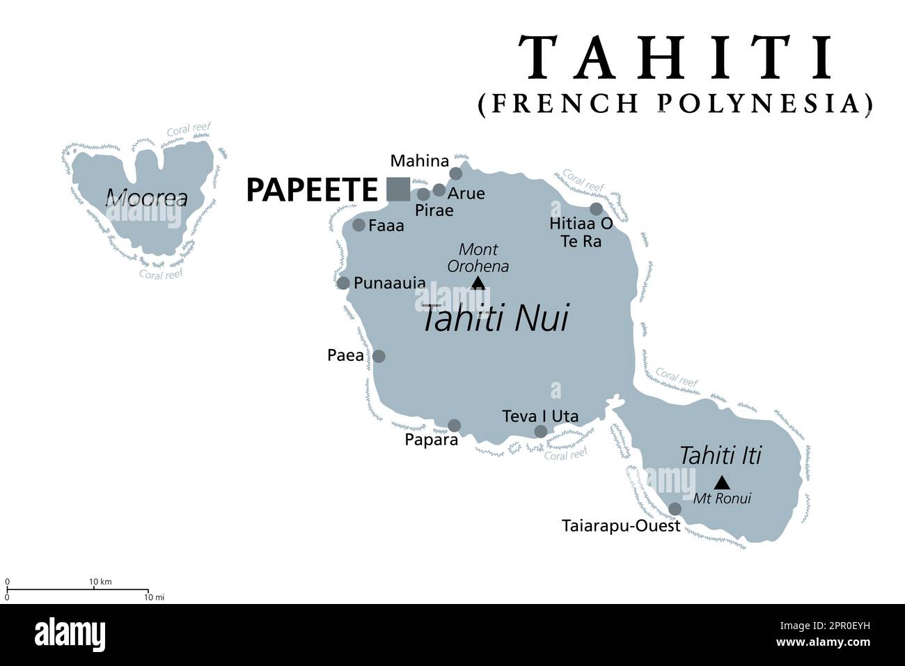 Tahiti, French Polynesia, gray political map. Largest island of the Windward group of the Society Islands, with capital Papeete. Stock Photo