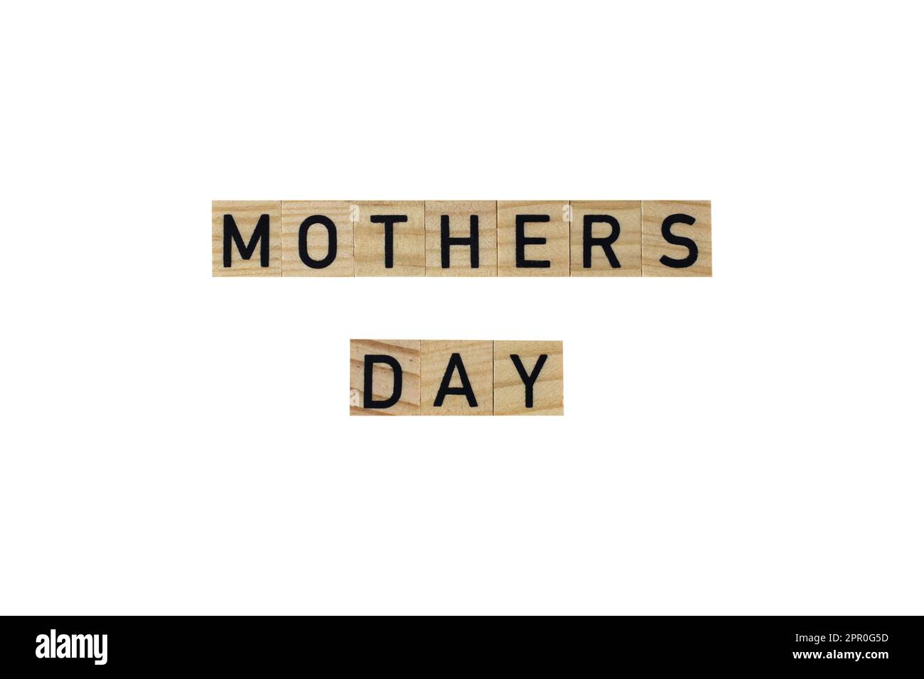 Mother's day text in wooden letters on a white background. Stock Photo