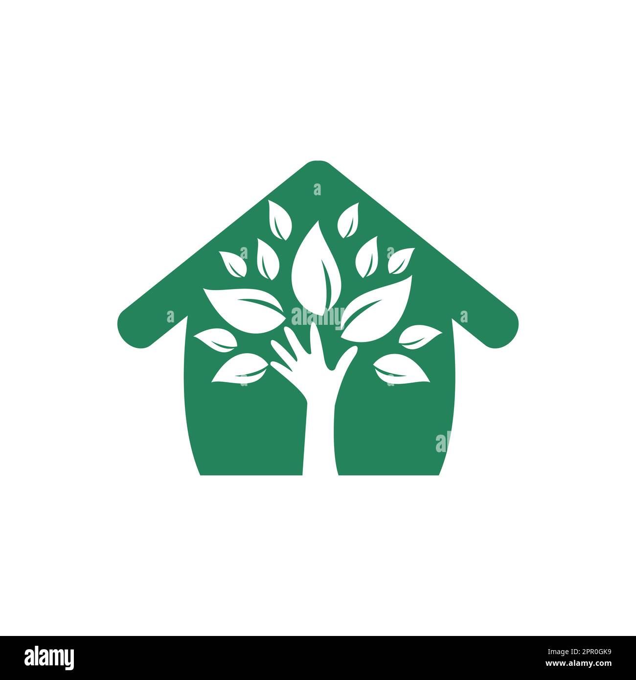 Creative green hand tree and house logo design. Natural home care logo ...