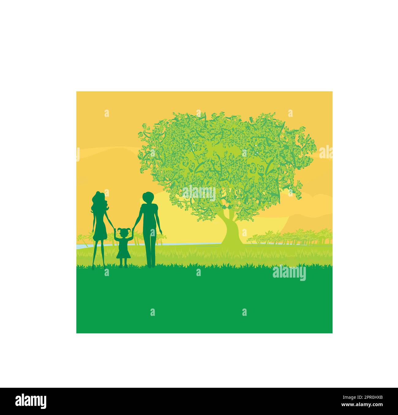 Happy family walks on nature, sunset Stock Vector