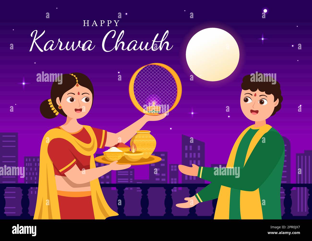 Karwa Chauth Festival Hand Drawn Flat Cartoon Illustration to Start the New Moon by Seeing the Moonrise in November From Wives for Their Husbands Stock Vector