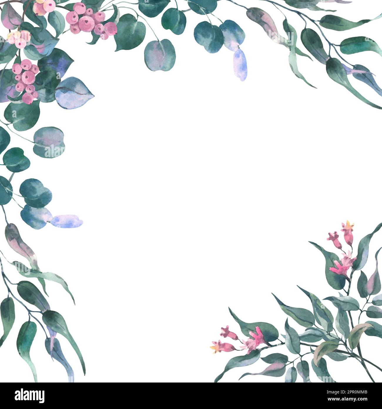 Watercolor hand painted green floral card, frame with eucalyptus leaves ...