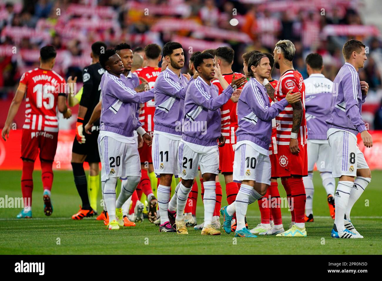 Real Madrid players during the La Liga match between Girona FC and Real Madrid played at Montilivi Stadium on April 25, 2023 in Girona, Spain. (Photo by Sergio Ruiz / PRESSIN) Stock Photo