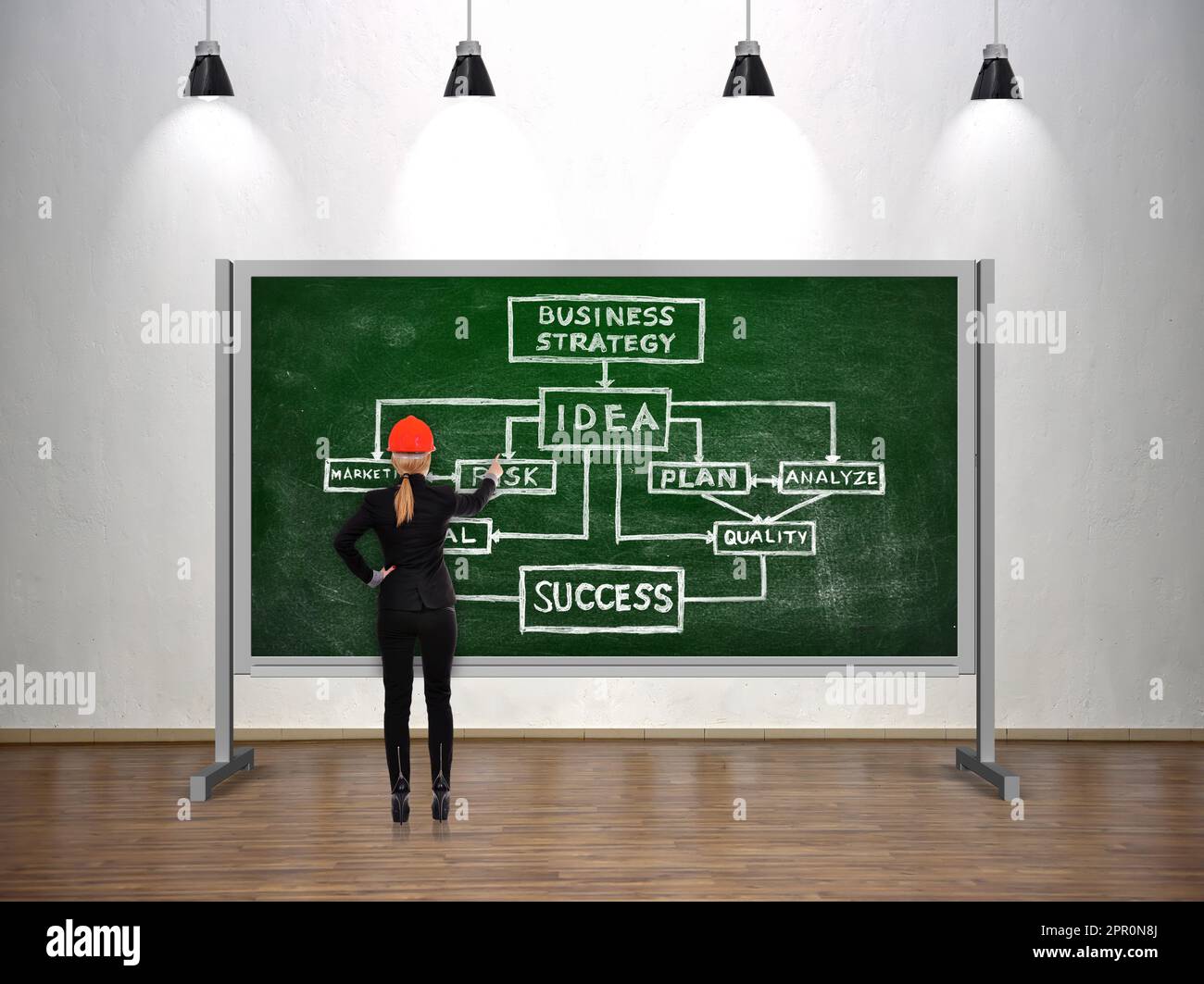 Engineer woman drawing business strategy scheme on chalk board Stock Photo