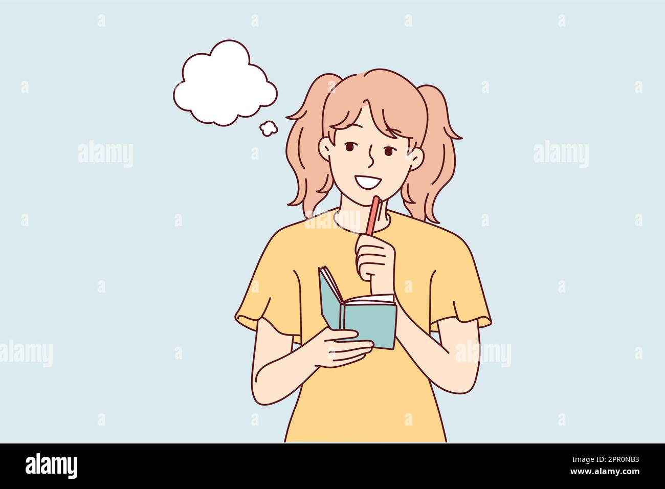 Smiling girl write in notebook dreaming Stock Vector