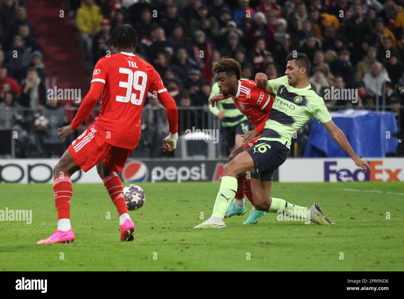 MUNICH, GERMANY - APRIL 19: 11 Kingsley Coman of FcBayern vs #16 RODRI ...