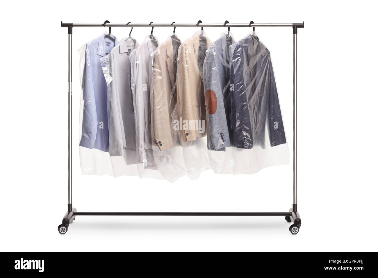 Clothing rack at dry cleaners with suits hanging isolated on white background Stock Photo Alamy
