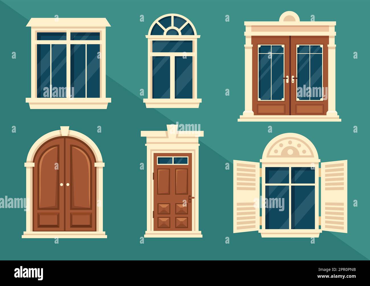 House Architecture with Set of Doors and Windows Various Shapes, Colors