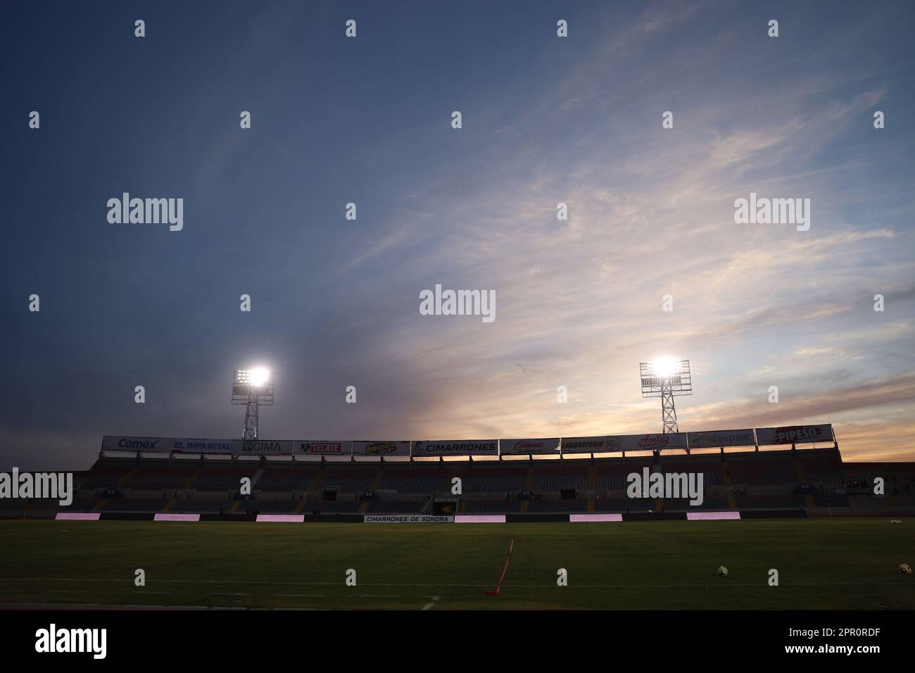 Lamps, luminaires and LED lights at sunset in the Hereo de Nacozari Hermosillo  Sonora soccer stadium. Home of the Cimarrones de Sonora Mexican soccer of  the Expancion mx league, Ascenso Liga MX