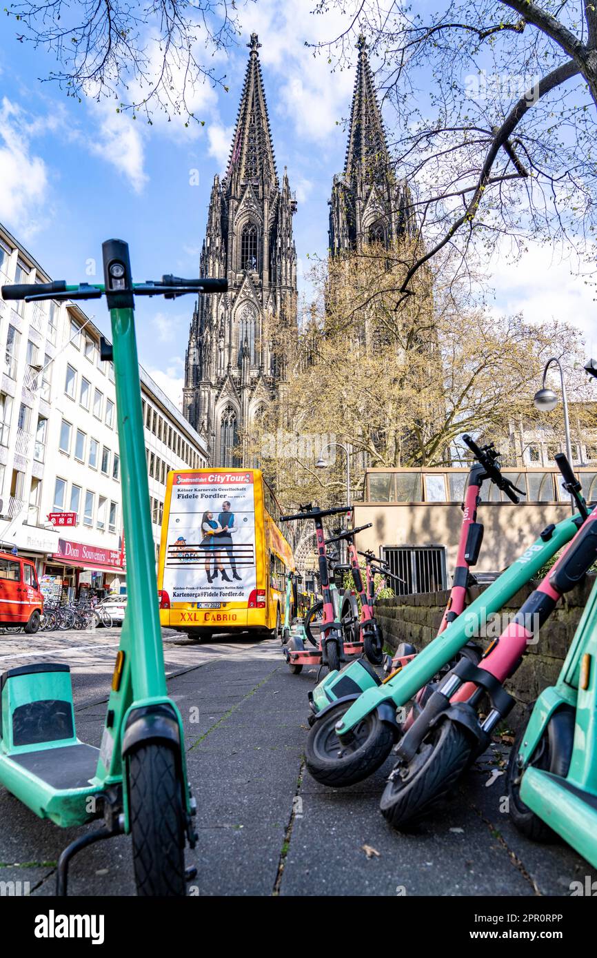 Electric scooters, escooters are parked in large numbers, on the