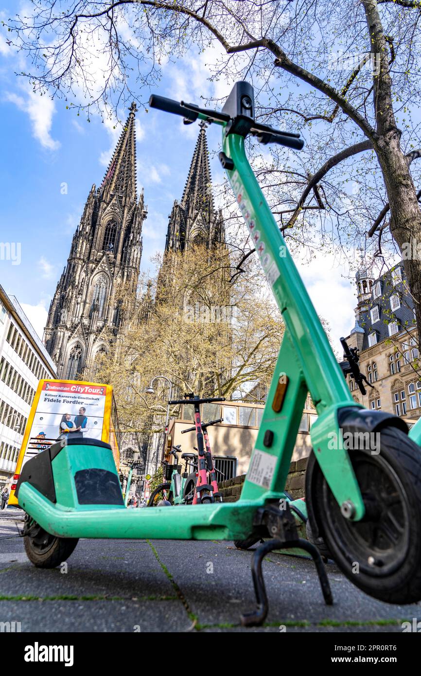 Electric scooters, escooters are parked in large numbers, on the