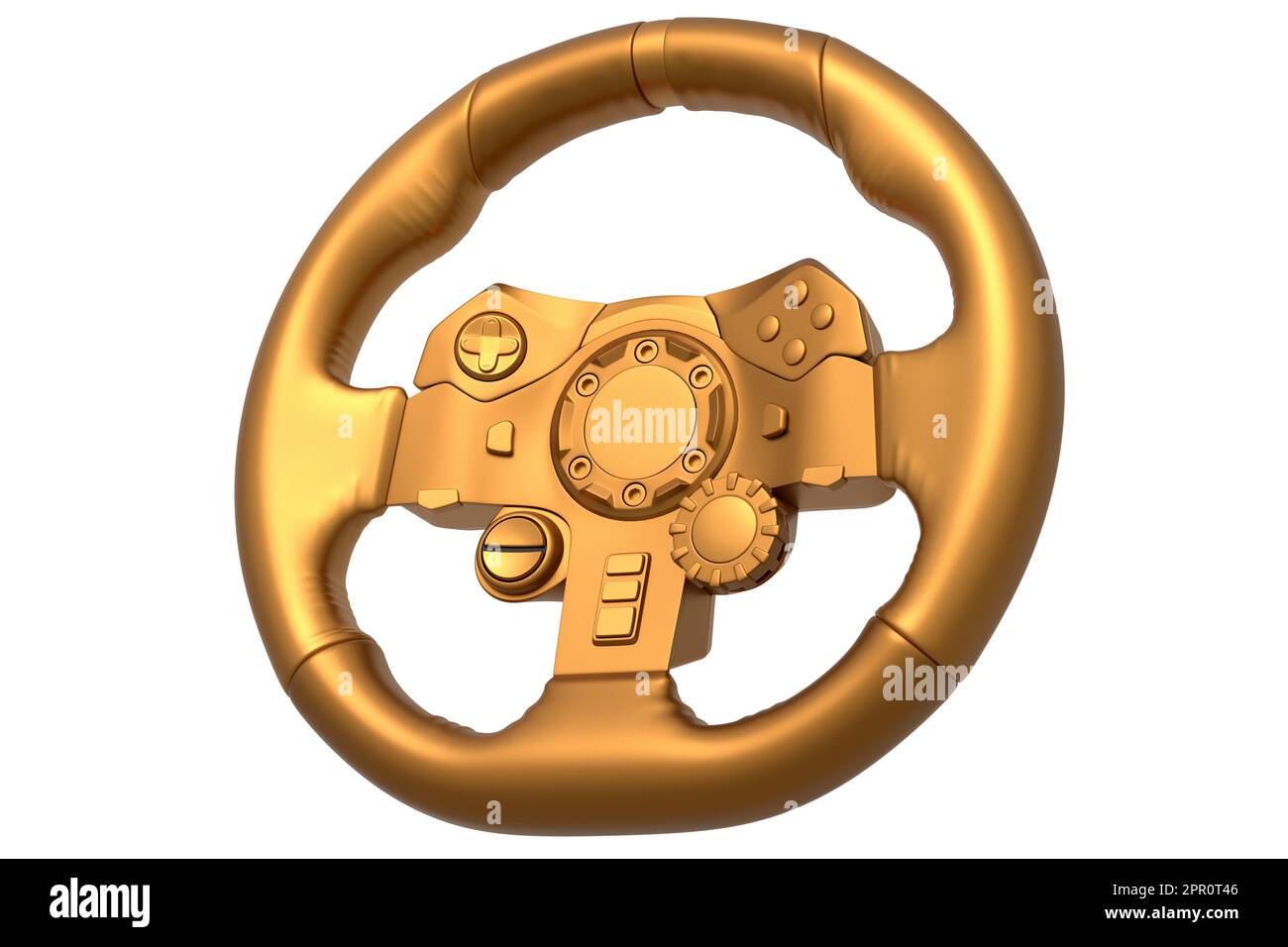 Realistic leather steering wheel with gold chrome texture on white