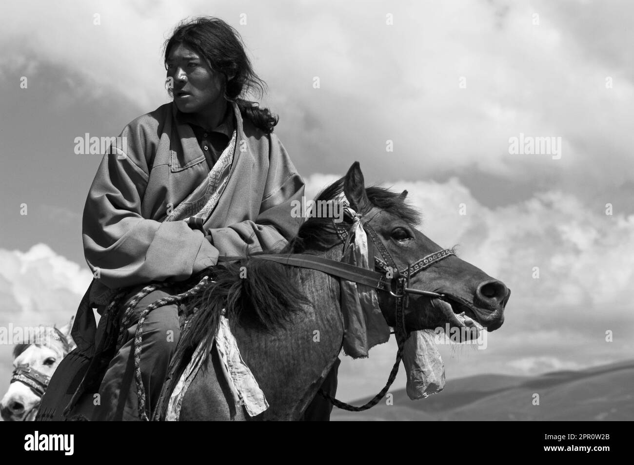 Khampas, the warrior horseman of old Tibet,  compete at the Litang Horse Festival - Kham, Sichuan Province, China, (Tibet) Stock Photo