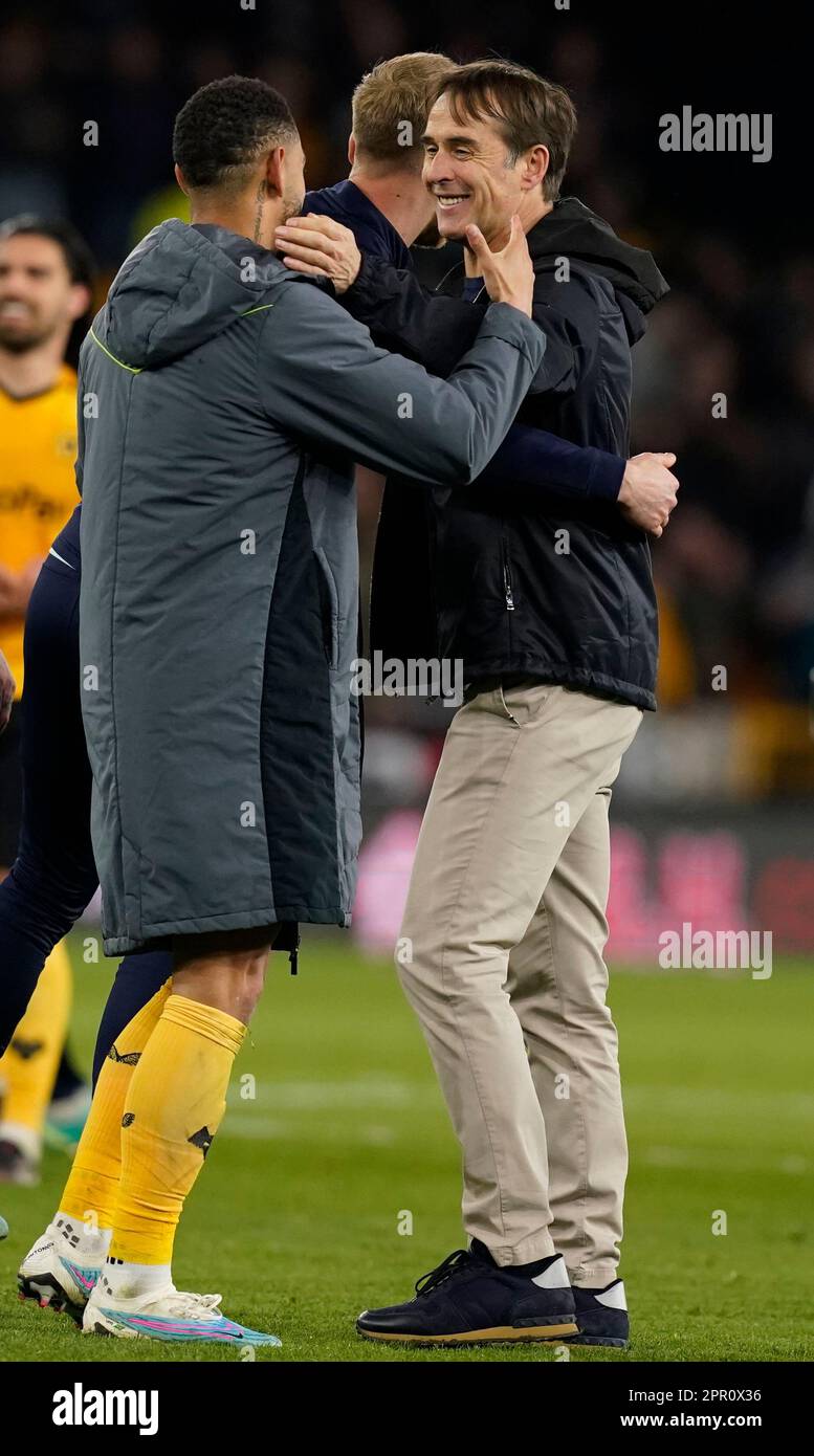 Wolverhampton, UK. 25th Apr, 2023. Julen Lopetegui manager of Wolverhampton Wanderers celebrates the win during the Premier League match at Molineux, Wolverhampton. Picture credit should read: Andrew Yates/Sportimage Credit: Sportimage Ltd/Alamy Live News Stock Photo