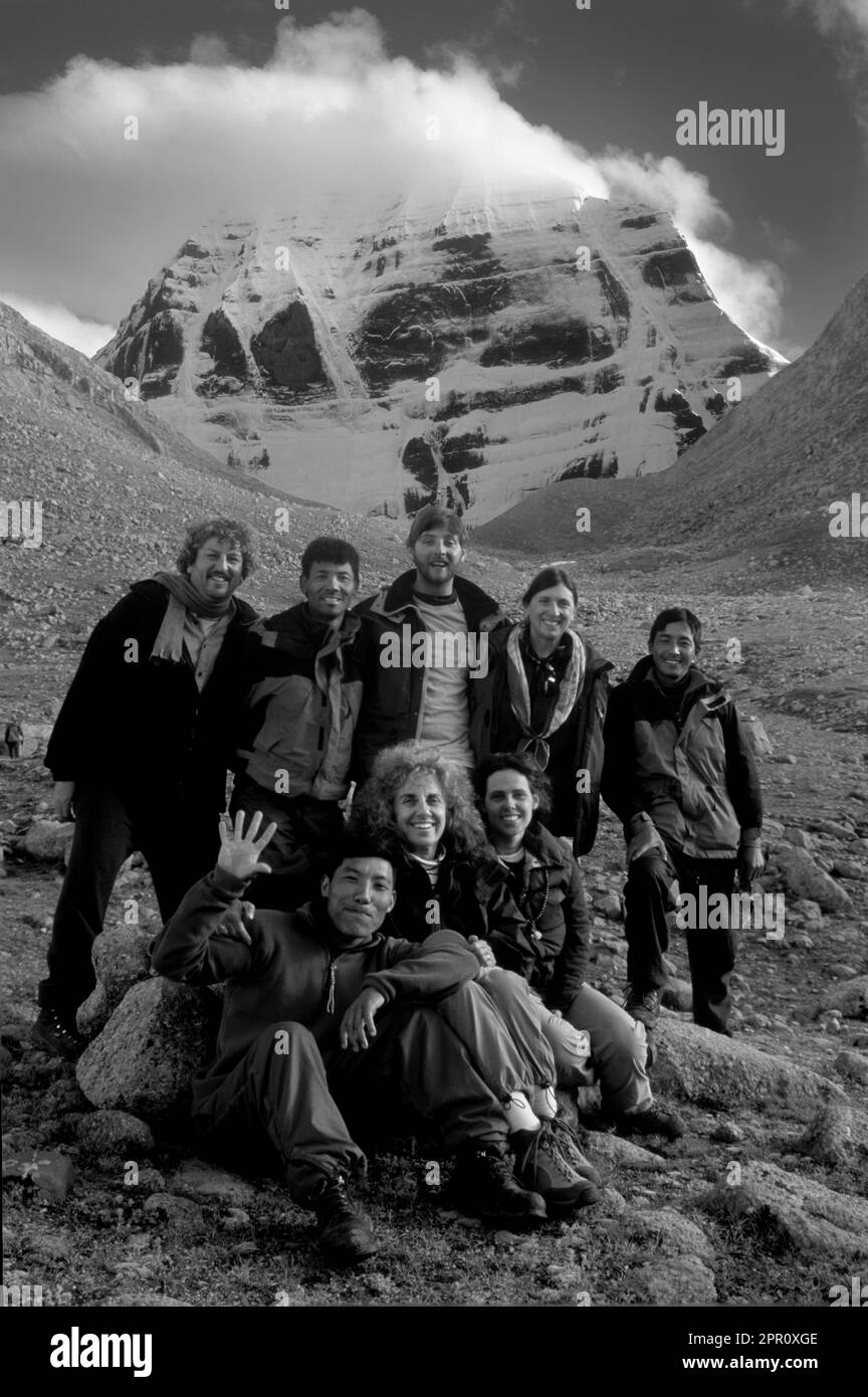 Our group at DIRA PHUK, the North face of MOUNT KAILASH (6638 METERS), the most sacred HIMALAYAN PEAK - TIBET Stock Photo