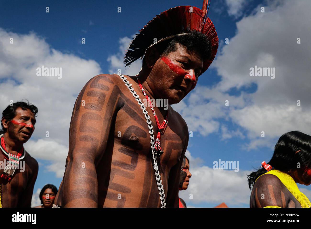 25 April 2023, Brazil, São Paulo: Kayapo indigenous people participate in the annual Terra Libre event and demand recognition of their rights by politicians. Indigenous people demand the demarcation of their territories. Photo: Allison Sales/dpa Stock Photo