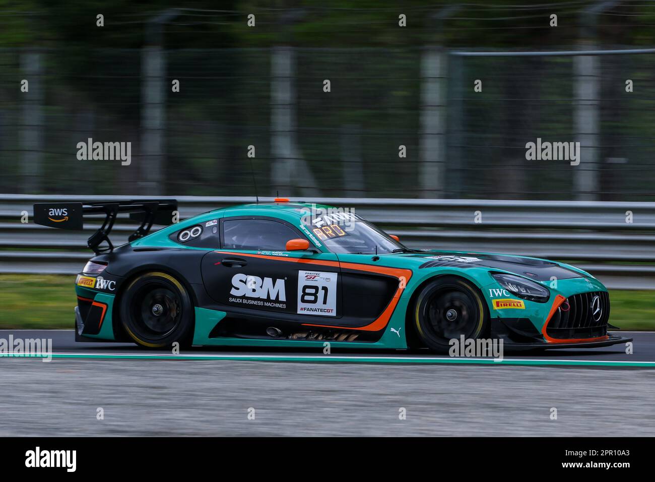 Monza, Italy. 21st Apr, 2023. Mercedes-AMG GT3 Team Theeba Motorsport of Reema Jufali, Ralf Aron and Alain Valente drives during the Fanatec GT World Challenge Europe Monza at Autodromo Nazionale Monza in Monza. Credit: SOPA Images Limited/Alamy Live News Stock Photo