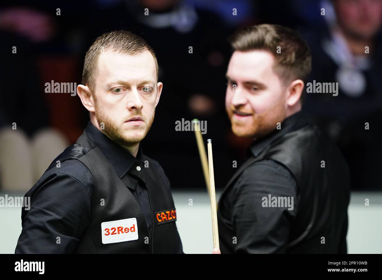 Mark Allen in action against Jak Jones (not pictured) on day eleven of the Cazoo World Snooker Championship at the Crucible Theatre, Sheffield. Picture date: Tuesday April 25, 2023. Stock Photo