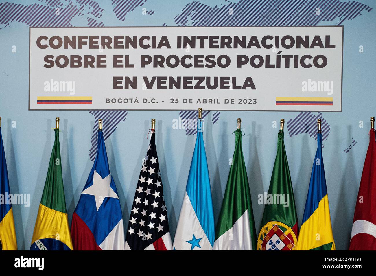 Bogota, Colombia, April 25, 2023. A general view of the flags of participating countries during the International Conference About Venezuela's Political Process in Bogota, Colombia, April 25, 2023. Photo by: Sebastian Barros/Long Visual Press Stock Photo